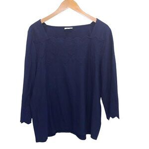 J.‎ Jill Eyelet Tunic Blouse Top Bell Sleeves Square Neck Navy Cotton Size XL
